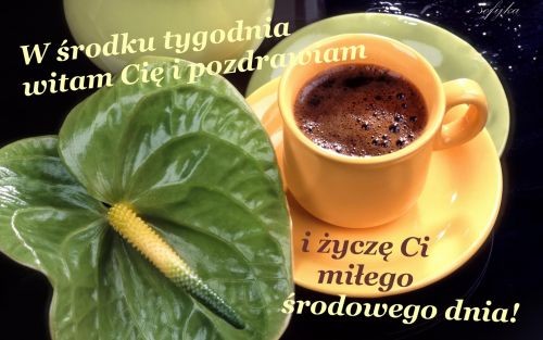 Kawa w żółtym kubku pozdrawiam w środę